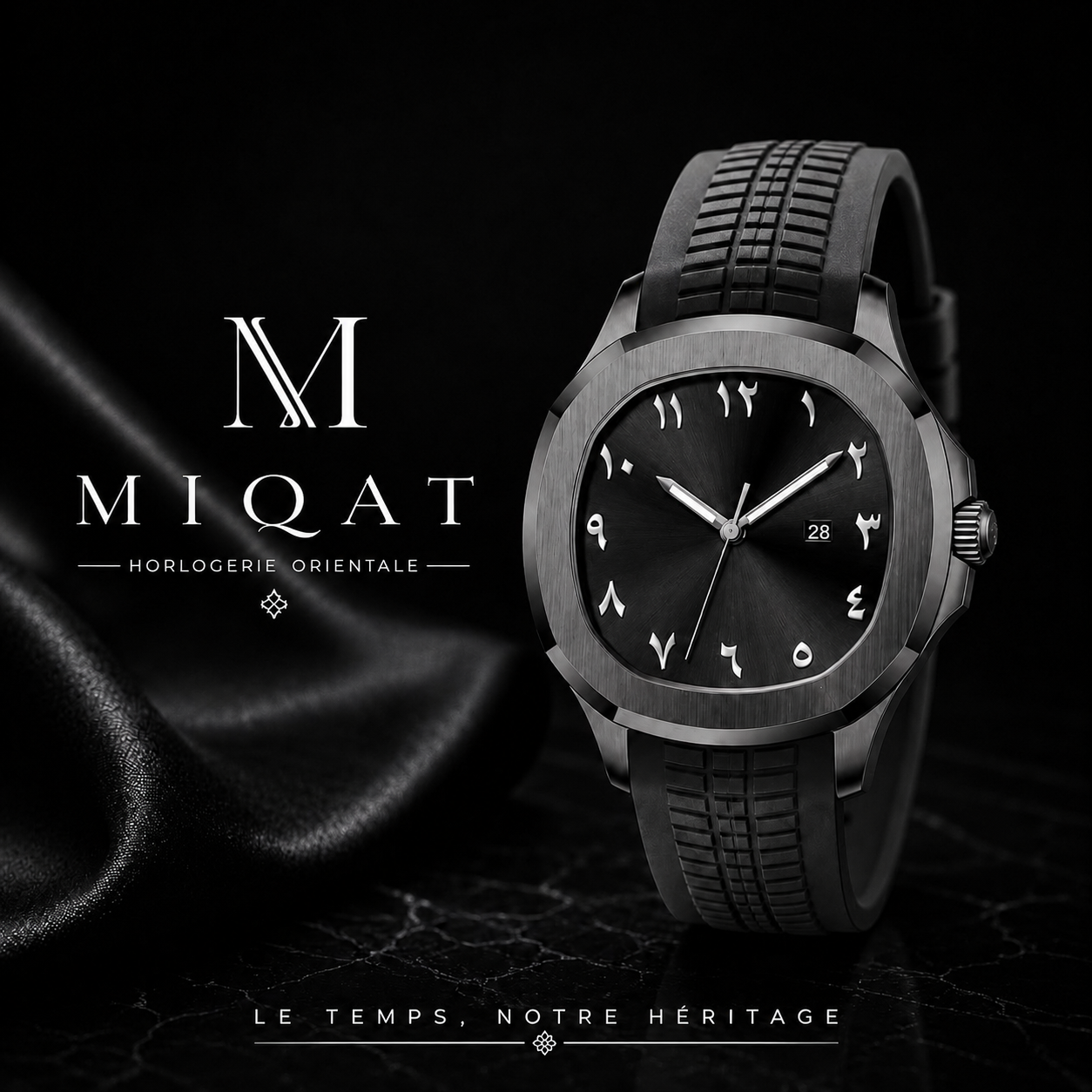 MIQAT Éclipse Totale — Montre Homme Luxe Sport Acier Noir Cadran Noir